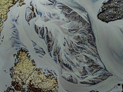 Lava, mosses, river, river course, branched, cloudy, summer, aerial view, Kirkjubaerklaustur,