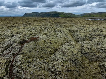Lava, mosses, volcanic landscape, cloudy, mountains, summer, aerial view, Eldhraun,