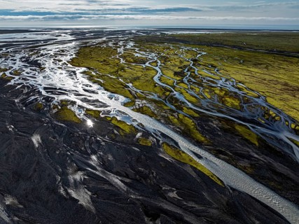 River, river course, river delta, branched, sunny, backlight, aerial view, summer, south-east