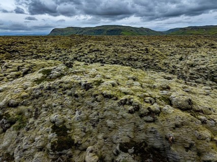 Lava, mosses, mountains, cloudy, summer, aerial view, Eldhraun, Kirkjubaerklaustur, Iceland