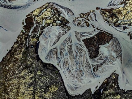 Lava, mosses, river, river course, branched, cloudy, summer, aerial view, Kirkjubaerklaustur,