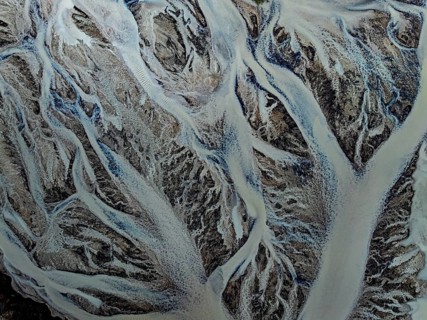 River, river course, branched, cloudy, summer, aerial view, Kirkjubaerklaustur, Iceland
