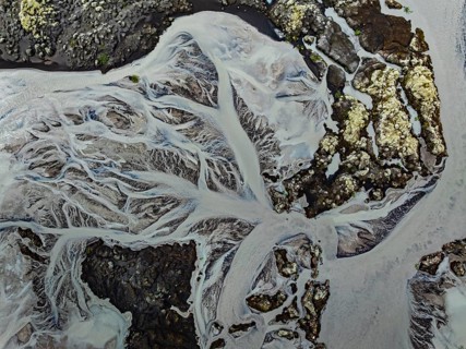 Lava, mosses, river, river course, branched, cloudy, summer, aerial view, Kirkjubaerklaustur,