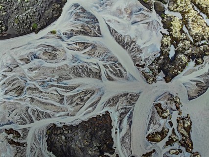 Lava, mosses, river, river course, branched, cloudy, summer, aerial view, Kirkjubaerklaustur,