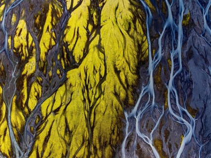 River, river course, river delta, branched, sunny, aerial view, summer, south-east Iceland, Iceland