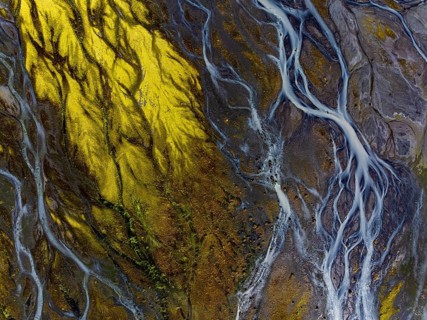 River, river course, river delta, branched, sunny, aerial view, summer, south-east Iceland, Iceland