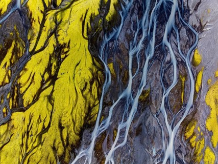 River, river course, river delta, branched, sunny, aerial view, summer, south-east Iceland, Iceland