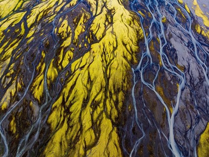River, river course, river delta, branched, sunny, aerial view, summer, south-east Iceland, Iceland