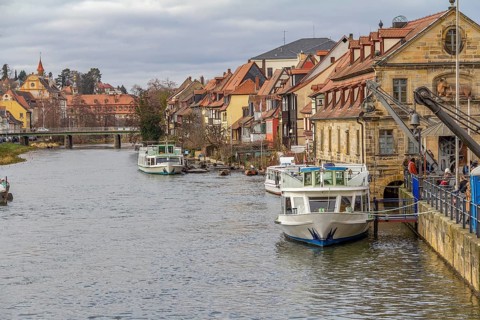 Idyllic riverside scenery in Bamberg, a town in Upper Franconia, Germany