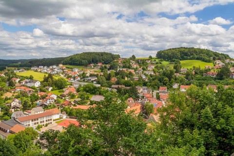High angle view around Falkenstein Castle in the Bavarian Forest at summer time