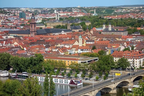 Aerial view of Wuerzburg, a city in the Franconia region in Bavaria, Germany, at summer time