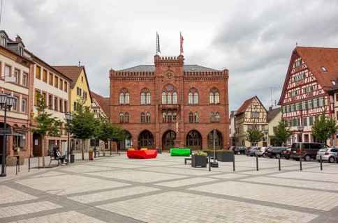 City view with town hall in Tauberbischofsheim, a town in Southern Germany