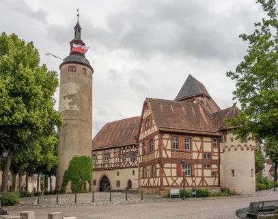 Historic castle with tower in Tauberbischofsheim, a town in Southern Germany