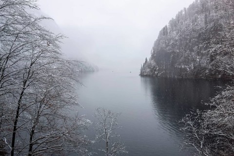 Scenery around a lake named Koenigssee located in the Berchtesgadener Land in Bavaria Germany at