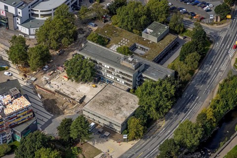Aerial view, town hall and construction site at the city archive in the district Haufe in