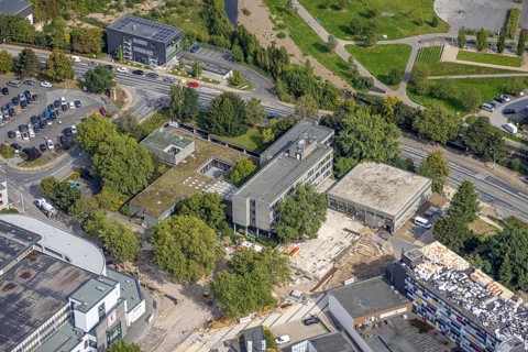 Aerial view, town hall and construction site at the city archive in the district Haufe in