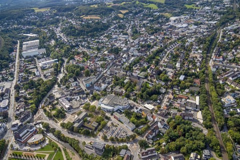 Aerial view, city centre view with town hall in the district Haufe in Gevelsberg, Ruhr area, North