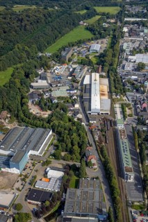 Aerial view, commercial area at Mühlenstraße and new fire station at Haufer Bahnhof at the old