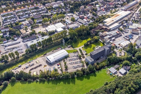 Aerial view, AVU AG building and commercial area Mühlenstraße in Gevelsberg, Ruhr area, North