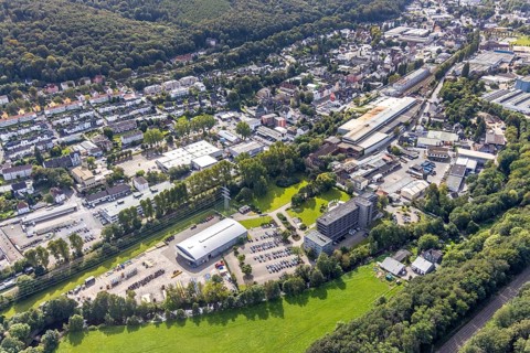 Aerial view, AVU AG building and commercial area Mühlenstraße in Gevelsberg, Ruhr area, North