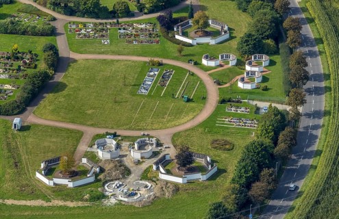 Aerial view, central cemetery with new construction of urn graves in the district of Berge in