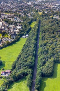 Aerial view, straight railway line in the forest in the district of Berge in Gevelsberg, Ruhr area,