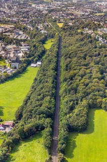 Aerial view, straight railway line in the forest in the district of Berge in Gevelsberg, Ruhr area,