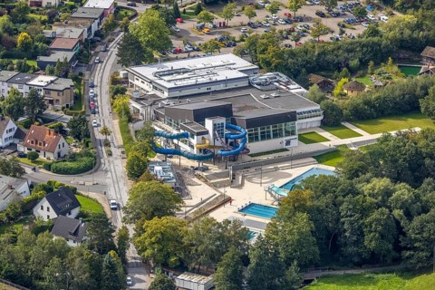 Aerial view, swimming in Gevelsberg swimming pool in the district Klostermark in Gevelsberg, Ruhr