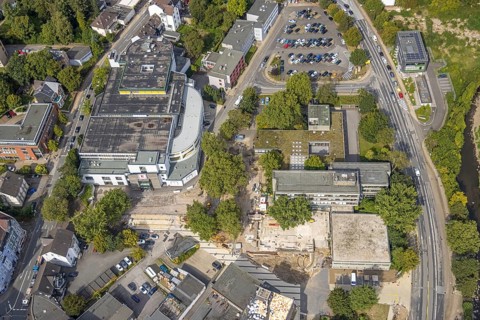 Aerial view, town hall and construction site at the city archive as well as the Kaufland