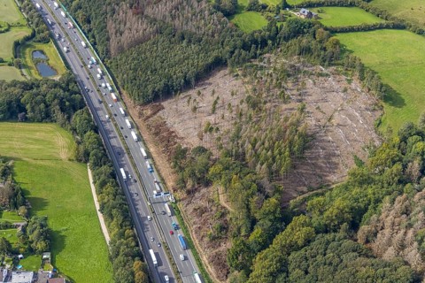 Aerial photo, forest damage on the A1 motorway with stalled truck traffic in the Haßlinghausen