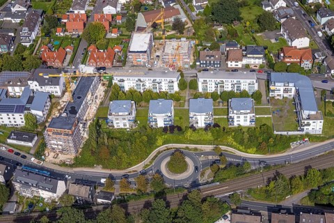 Aerial view, construction site and new senior citizens' home next to the Hans-Grünewald-Haus and