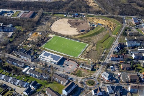 Aerial view, construction site for Sportpark Mottbruch Brüsseler Straße, sports ground SuS Schwarz