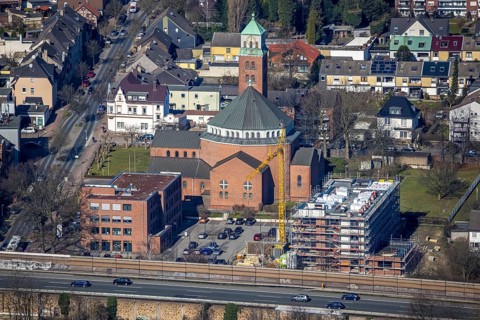 Aerial view, cath. Heilig-Kreuz-Kirche, medical centre Gladbeck, construction site former Kotten