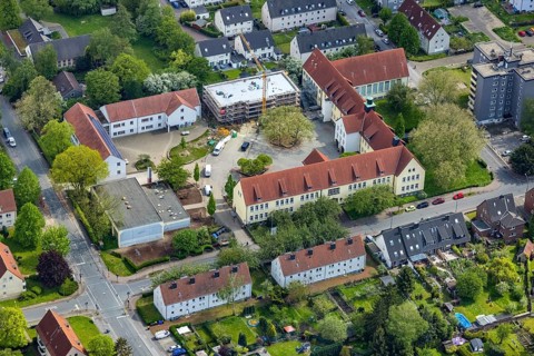 Aerial view, construction site and school extension Südparkschule, Brauck, Gladbeck, Ruhr area,