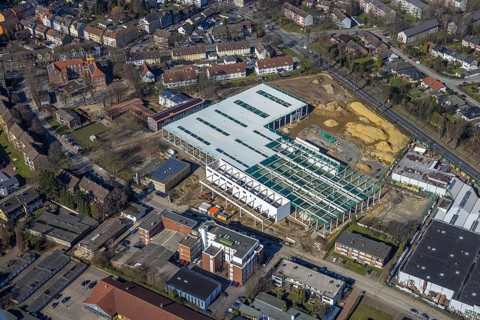 Aerial view, construction site of planned DIY store at Krusenkamp, former sports field, Zweckel,