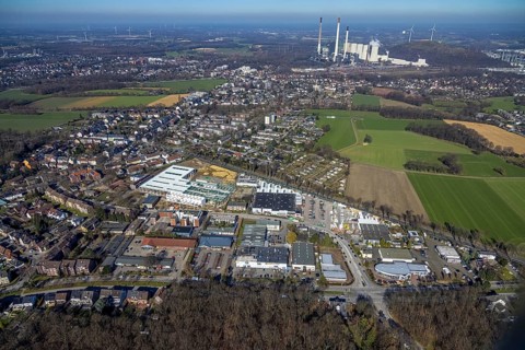 Aerial view, construction site of planned DIY store at Krusenkamp, former sports field, Zweckel,