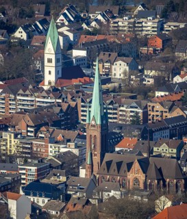 Aerial view, city centre view, Propsteikirche St. Lamberti Kirche, Christus Kirche, Gladbeck, Ruhr