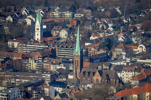 Aerial view, city centre view, Propsteikirche St. Lamberti Kirche, Christus Kirche, Gladbeck, Ruhr