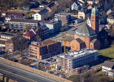 Aerial view, cath. Heilig-Kreuz-Kirche, medical centre Gladbeck, construction site former Kotten