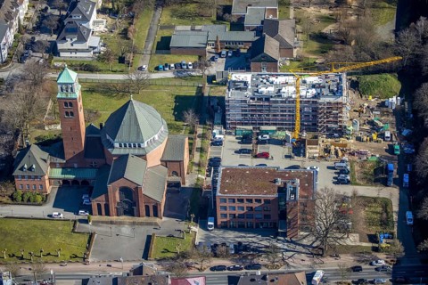 Aerial view, cath. Heilig-Kreuz-Kirche, medical centre Gladbeck, construction site former Kotten