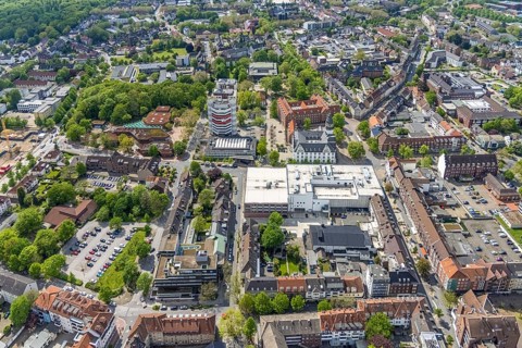 Aerial view, City Hall Gladbeck, Sparkasse Tower, Hoch10 office building, Viktoria-Quartier, city