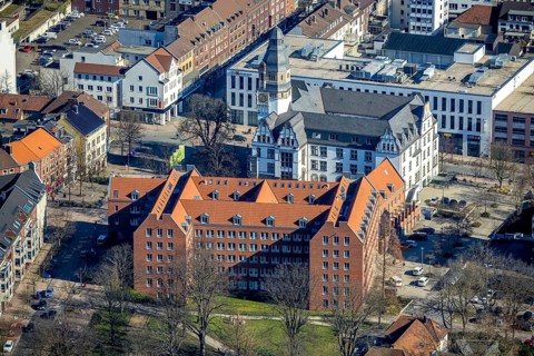 Aerial view, town hall with tower, new town hall, Gladbeck, Ruhr area, North Rhine-Westphalia,