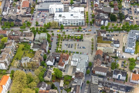 Aerial view, construction site Glückauf-Center, planned refurbishment and renovation, market place