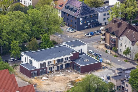 Aerial view, construction site of new kindergarten at Christus Kirche, former Bonhoeffer-Haus,