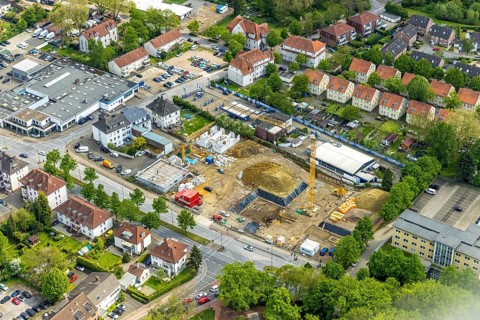 Aerial view, construction site new building for housing and social affairs, former Mercedes-Lueg