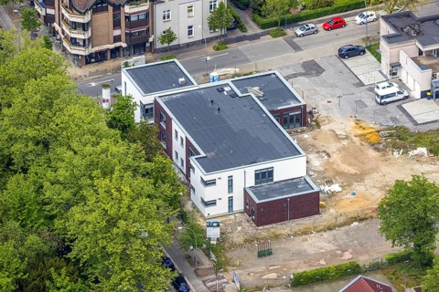 Aerial view, construction site of new kindergarten at Christus Kirche, former Bonhoeffer-Haus,