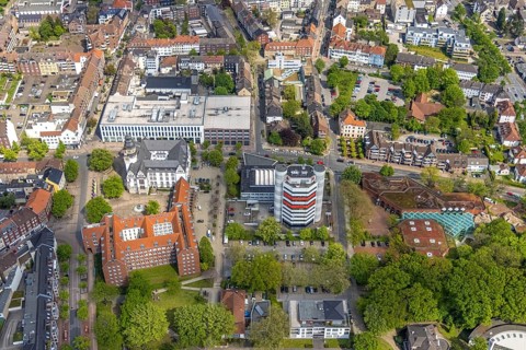 Aerial view, City Hall Gladbeck, Sparkasse Tower, Hoch10 office building, Viktoria-Quartier, city