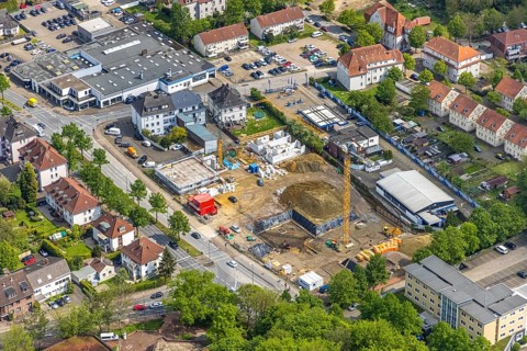 Aerial view, construction site new building for housing and social affairs, former Mercedes-Lueg