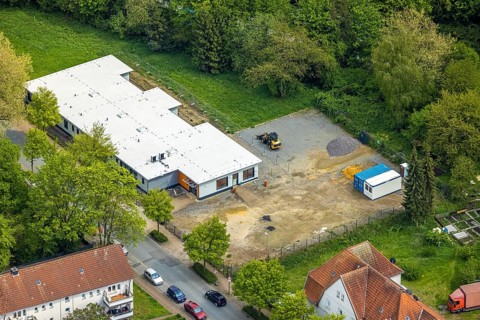 Aerial view, construction site day care centre new building Uhlandstraße, Gladbeck, Ruhr area,