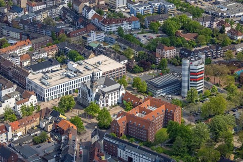 Aerial view, City Hall Gladbeck, Sparkasse Tower, Hoch10 office building, Viktoria-Quartier, city